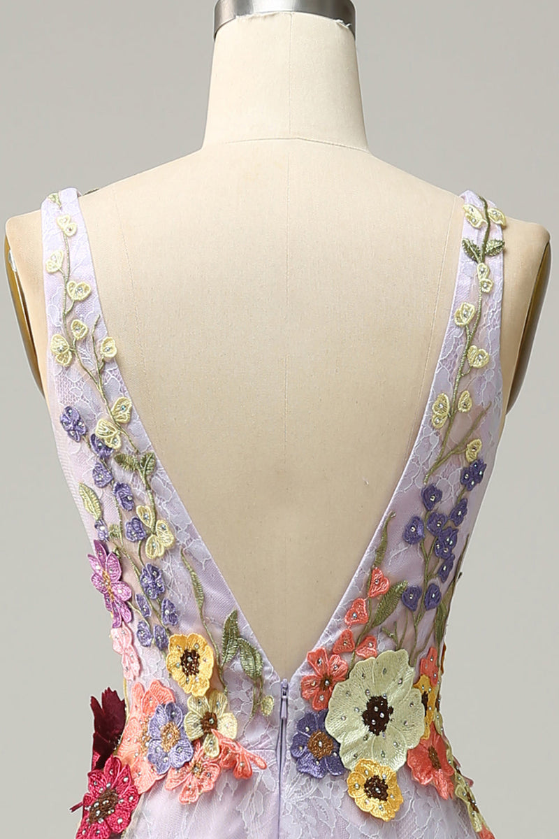 Load image into Gallery viewer, A Line Deep V Neck Lavender Long Prom Dress with Appliques
