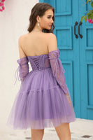 Load image into Gallery viewer, A-Line Black Corset Detachable Long Sleeves Homecoming Dress