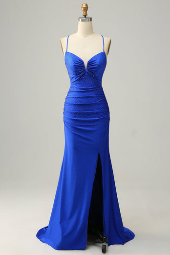 Mermaid Spaghetti Straps Royal Blue Long Prom Dress with Beading