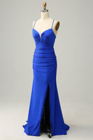 Load image into Gallery viewer, Mermaid Spaghetti Straps Royal Blue Long Prom Dress with Beading