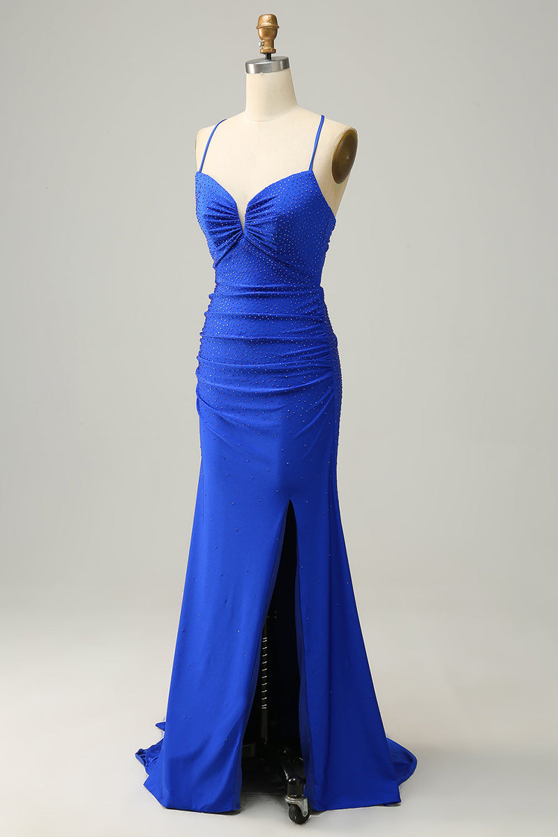 Load image into Gallery viewer, Mermaid Spaghetti Straps Royal Blue Long Prom Dress with Beading