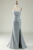 Load image into Gallery viewer, Mermaid Spaghetti Straps Grey Plus Size Prom Dress with Criss Cross Back