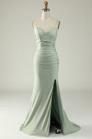 Load image into Gallery viewer, Mermaid Spaghetti Straps Grey Plus Size Prom Dress with Criss Cross Back