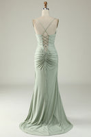 Load image into Gallery viewer, Mermaid Spaghetti Straps Grey Plus Size Prom Dress with Criss Cross Back