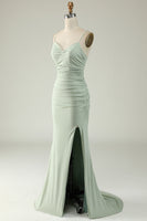 Load image into Gallery viewer, Mermaid Spaghetti Straps Grey Plus Size Prom Dress with Criss Cross Back