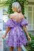 Load image into Gallery viewer, Dark Purple Off the Shoulder A Line Printed Cute Homecoming Dress