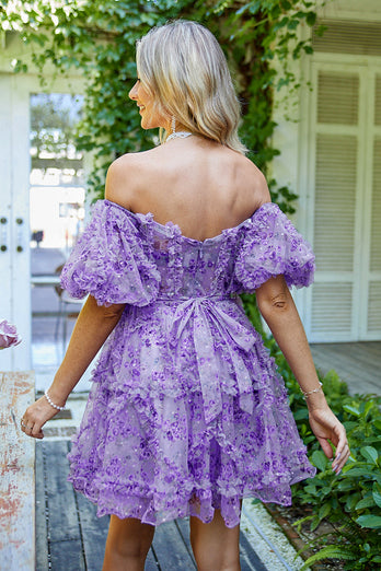 Dark Purple Off the Shoulder A Line Printed Cute Homecoming Dress