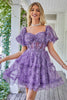 Load image into Gallery viewer, Dark Purple Off the Shoulder A Line Printed Cute Homecoming Dress