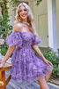 Load image into Gallery viewer, Dark Purple Off the Shoulder A Line Printed Cute Homecoming Dress
