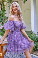 Load image into Gallery viewer, Dark Purple Off the Shoulder A Line Printed Cute Homecoming Dress
