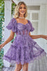 Load image into Gallery viewer, Dark Purple Off the Shoulder A Line Printed Cute Homecoming Dress