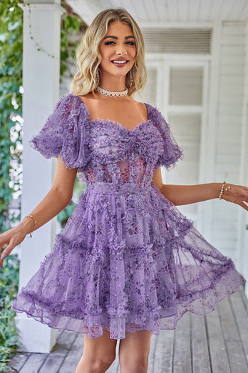 Dark Purple Off the Shoulder A Line Printed Cute Homecoming Dress