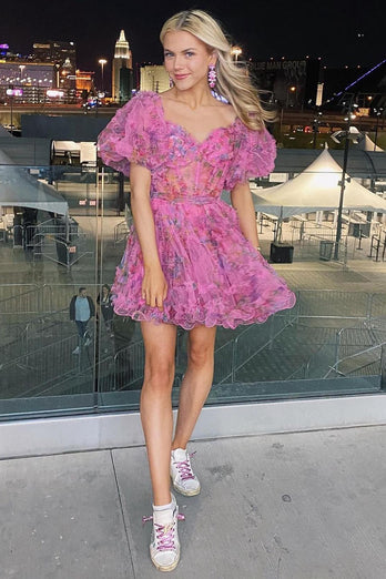 Pink Tulle Puff Sleeves Floral Printed Homecoming Dress