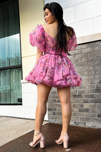Pink Tulle Puff Sleeves Floral Printed Homecoming Dress
