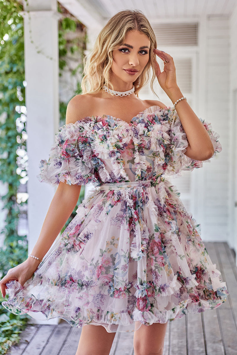 Load image into Gallery viewer, Dark Purple Off the Shoulder A Line Printed Cute Homecoming Dress
