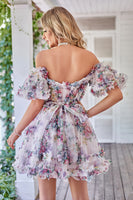 Load image into Gallery viewer, Dark Purple Off the Shoulder A Line Printed Cute Homecoming Dress
