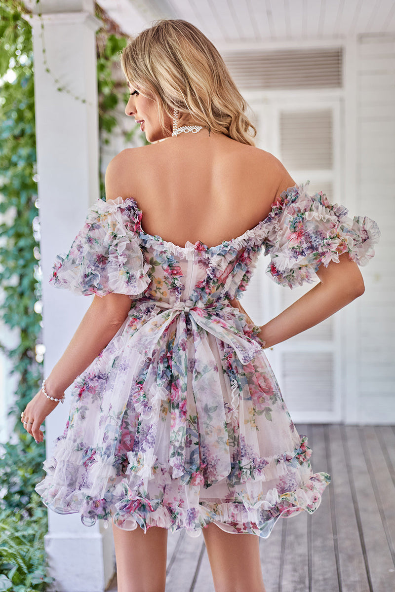 Load image into Gallery viewer, Dark Purple Off the Shoulder A Line Printed Cute Homecoming Dress