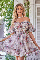 Load image into Gallery viewer, Dark Purple Off the Shoulder A Line Printed Cute Homecoming Dress