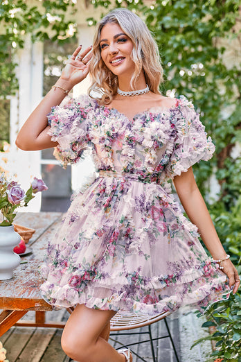 Dark Purple Off the Shoulder A Line Printed Cute Homecoming Dress