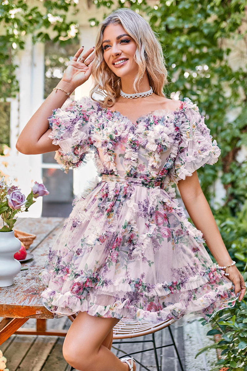 Load image into Gallery viewer, Dark Purple Off the Shoulder A Line Printed Cute Homecoming Dress