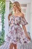 Load image into Gallery viewer, Dark Purple Off the Shoulder A Line Printed Cute Homecoming Dress