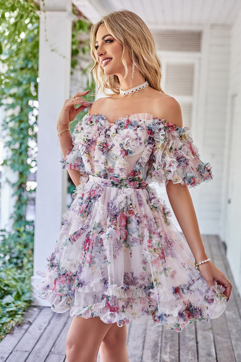 Load image into Gallery viewer, Dark Purple Off the Shoulder A Line Printed Cute Homecoming Dress