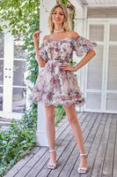 Load image into Gallery viewer, Dark Purple Off the Shoulder A Line Printed Cute Homecoming Dress