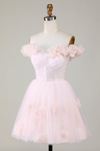 Cute A Line Off the Shoulder Pink Short Homecoming Dress with Flowers