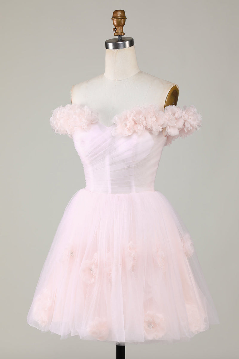 Load image into Gallery viewer, Cute A Line Off the Shoulder Pink Short Homecoming Dress with Flowers