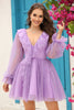 Load image into Gallery viewer, A Line V Neck Navy Short Homecoming Dress with Long Sleeves