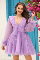 Load image into Gallery viewer, A Line V Neck Navy Short Homecoming Dress with Long Sleeves