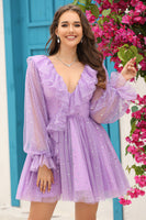 Load image into Gallery viewer, A Line V Neck Navy Short Homecoming Dress with Long Sleeves