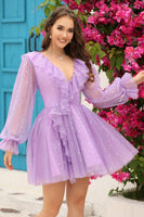 Load image into Gallery viewer, A Line V Neck Navy Short Homecoming Dress with Long Sleeves