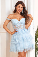 Load image into Gallery viewer, A Line Off the Shoulder Blue Corset Homecoming Dress with Lace
