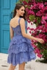 Load image into Gallery viewer, A Line Off the Shoulder Blue Corset Homecoming Dress with Lace
