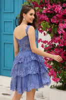 Load image into Gallery viewer, Sparkly Purple A-Line Lace Tiered Short Homecoming Dress