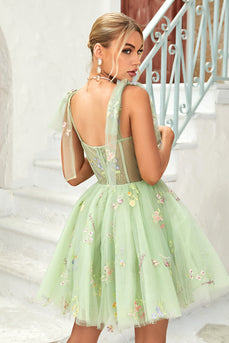 A Line Spaghetti Straps Green Short Homecoming Dress with Appliques
