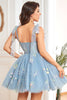 Load image into Gallery viewer, A Line Spaghetti Straps Grey Blue Short Homecoming Dress with Embroidery