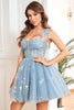 Load image into Gallery viewer, A Line Spaghetti Straps Grey Blue Short Homecoming Dress with Embroidery