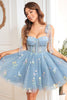 Load image into Gallery viewer, A Line Spaghetti Straps Grey Blue Short Homecoming Dress with Embroidery