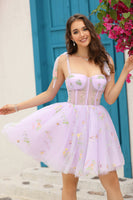 Load image into Gallery viewer, A Line Spaghetti Straps Grey Blue Short Homecoming Dress with Embroidery