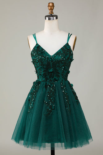 Stylish A Line Spaghetti Straps Dark Green Homecoming Dress with Beading