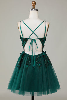 Stylish A Line Spaghetti Straps Dark Green Homecoming Dress with Beading