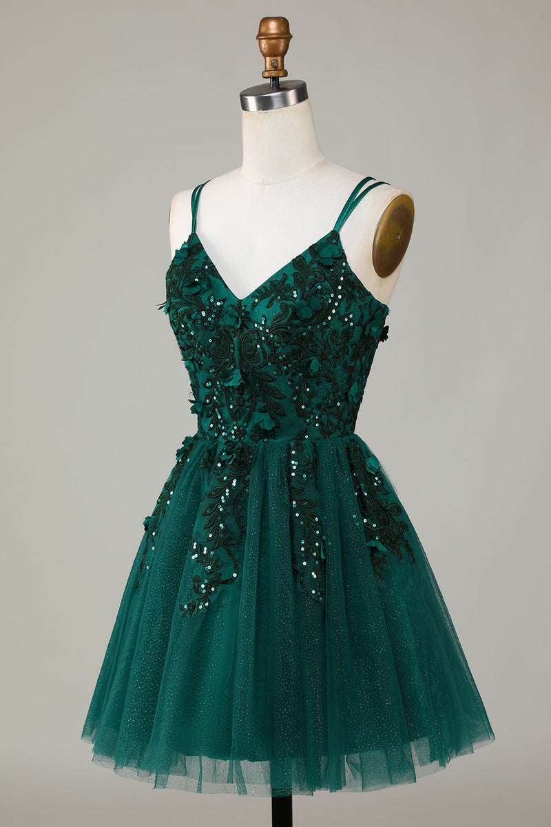 Load image into Gallery viewer, Stylish A Line Spaghetti Straps Dark Green Homecoming Dress with Beading