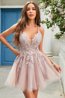 Load image into Gallery viewer, A Line Spaghetti Straps Blush Short Homecoming Dress with Criss Cross Back