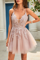 Load image into Gallery viewer, A Line Spaghetti Straps Blush Short Homecoming Dress with Criss Cross Back