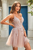 Load image into Gallery viewer, A Line Spaghetti Straps Blush Short Homecoming Dress with Criss Cross Back