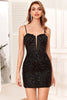 Load image into Gallery viewer, Bodycon Spaghetti Straps Black Sequins Short Homecoming Dress with Criss Cross Back