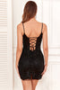 Load image into Gallery viewer, Bodycon Spaghetti Straps Black Sequins Short Homecoming Dress with Criss Cross Back
