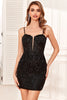 Load image into Gallery viewer, Bodycon Spaghetti Straps Black Sequins Short Homecoming Dress with Criss Cross Back